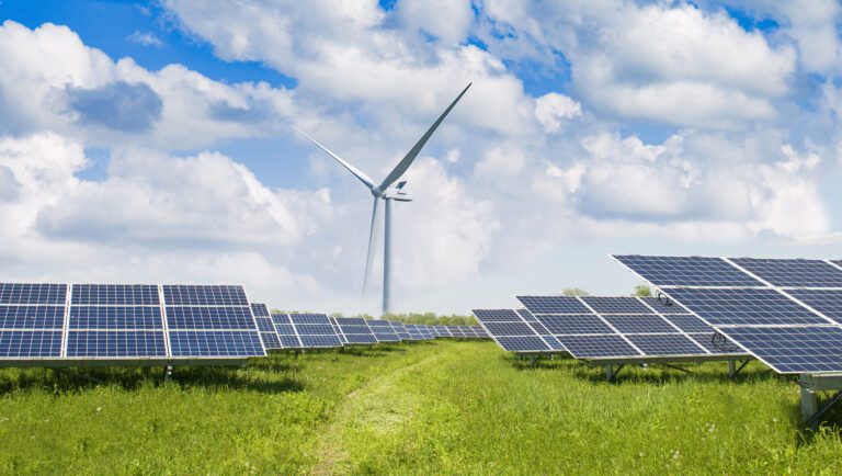 Solar panels and a wind turbine